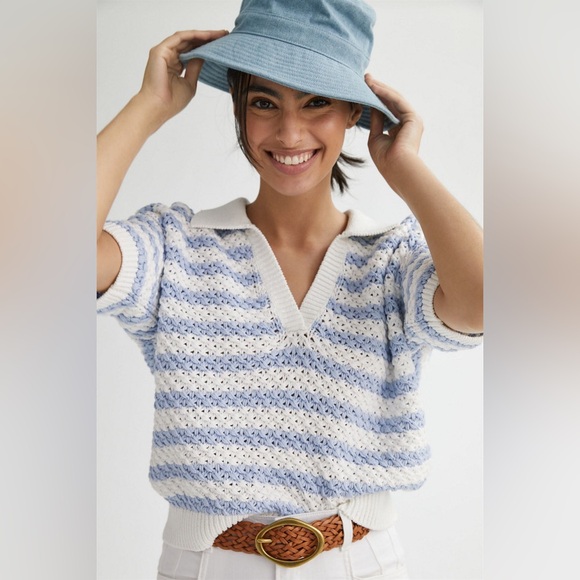 Anthropologie Maeve Striped Open Back Knit Sweater Blue White Top M Preppy Style - Picture 4 of 15